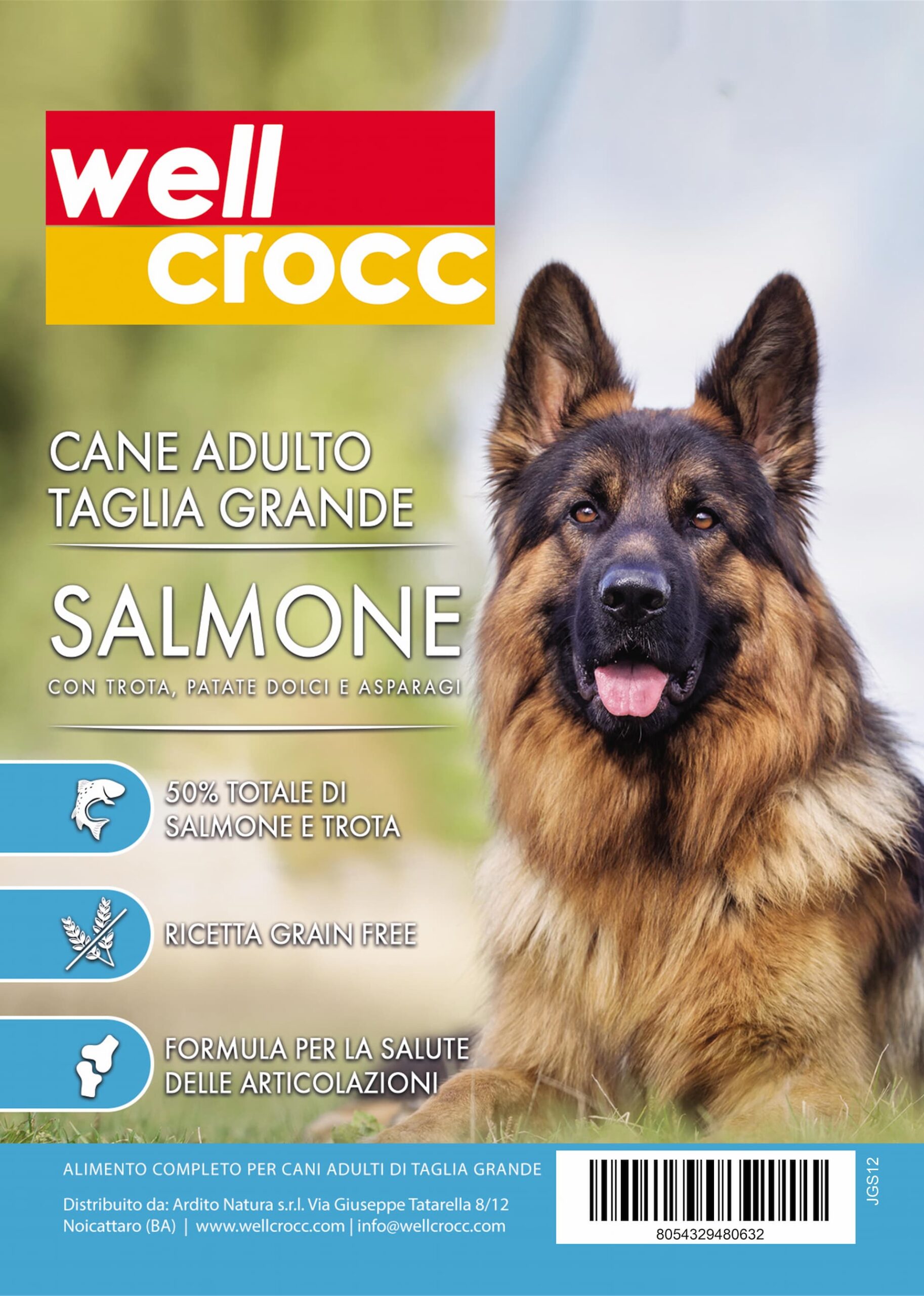 Wellcrocc Cane Maxi Adult Grain Free Salmone Trota Patata Dolce Asparago Kg2